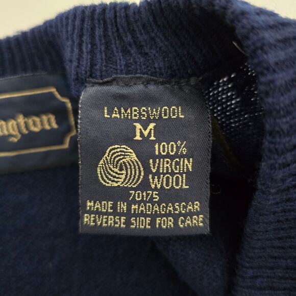 Huntington Lambswool Virgin 100% Wool V-Neck Sweater Men M Navy Knit Vintage - Picture 12 of 13